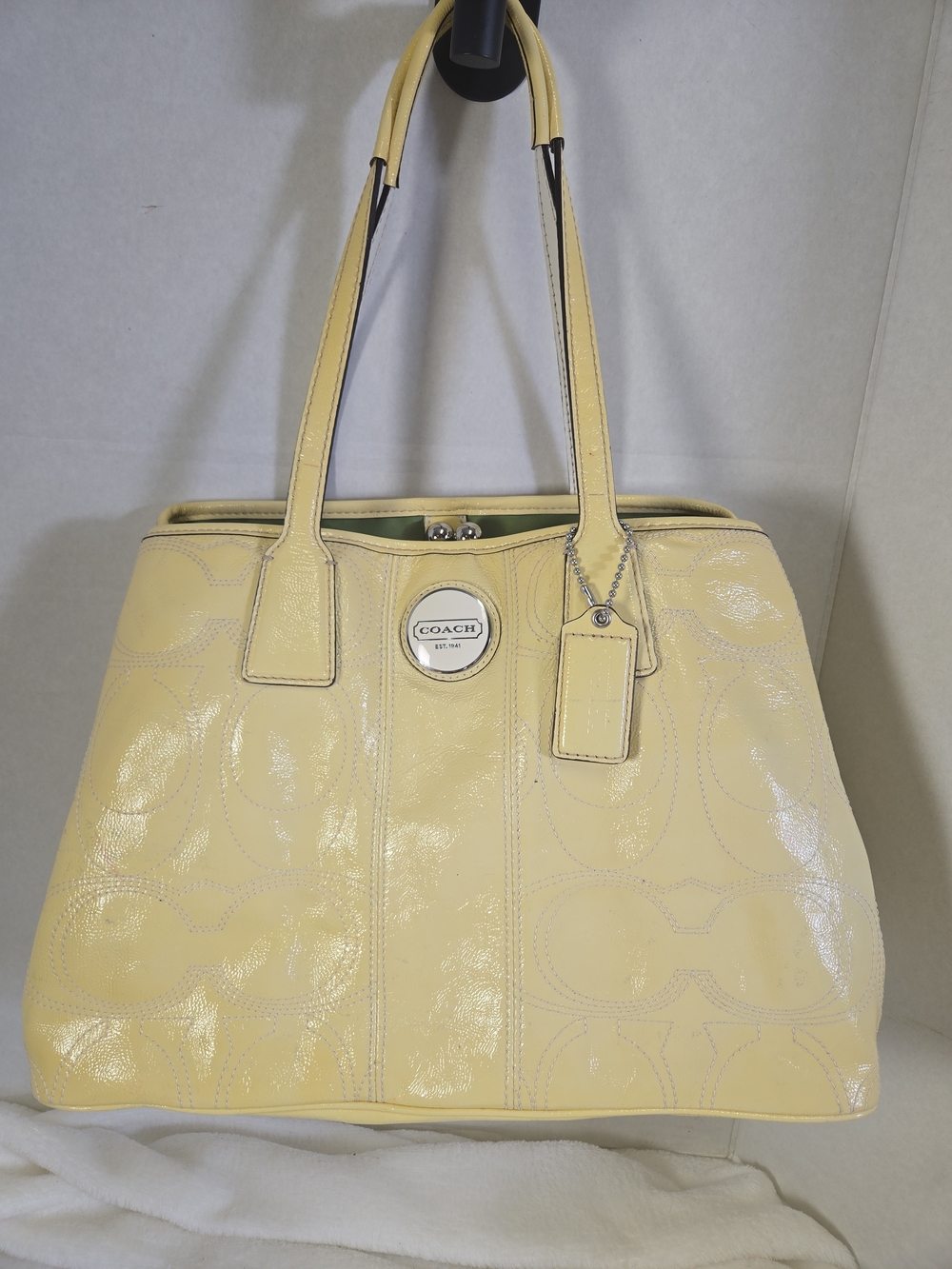 COACH Pale Yellow Patent Leather Tote with Signature Pattern